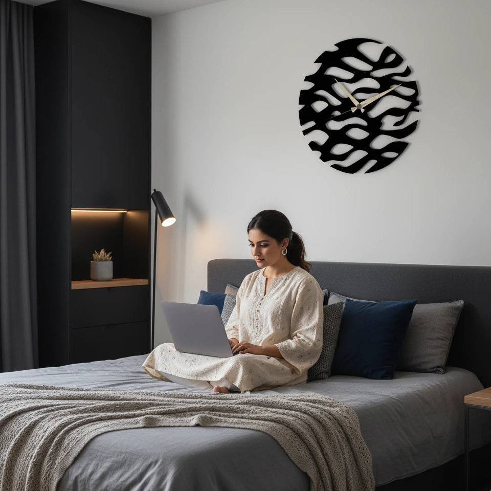 Woman using a laptop on a bed in a modern bedroom with decorative wall clock.